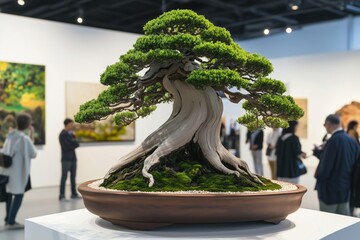 Bonsai tree as centerpiece in modern art gallery display