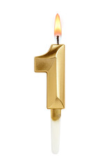 Golden decorated burning birthday candle digit one shaped. Transparent PNG image.