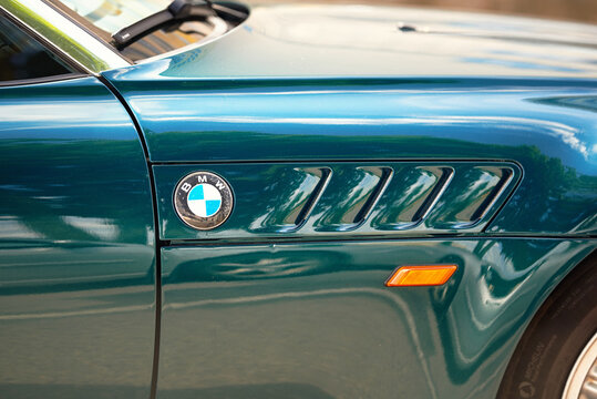Minsk, Belarus. Jul 15, 2024. Classic BMW Z3 Roadster E36. Side view on gills and emblem closeup