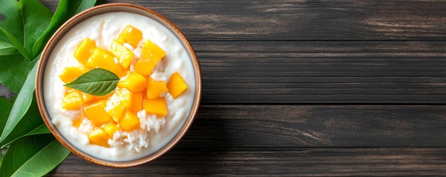 Delicious mango dessert with coconut cream and fresh mango, rustic wooden background.