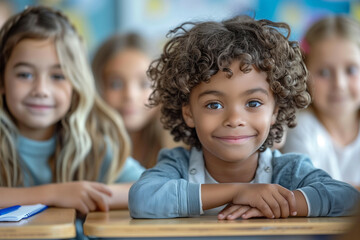 An Engaging Image of a Diverse Group of Young Children Smiling Happily in a Classroom Setting