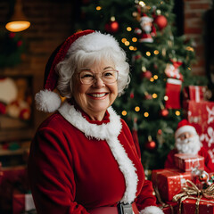 Happy mrs Claus in red Santa suit posing in front of a Christmas tree full with decorations, looking in the camera and smiling