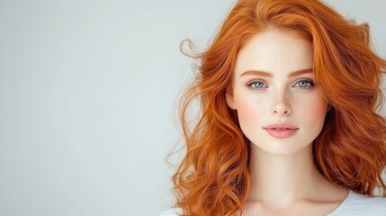 Fototapeta premium A young woman with vibrant red hair floating, eyes closed, in an ethereal digital illustration. Concept: serenity and dreamlike escape.