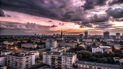 Fototapeta premium City under a cloudy sky during the pink sunset in the evening
