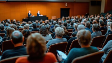 A large audience listens to speakers at a conference or seminar in a modern auditorium, highlighting learning and networking opportunities.