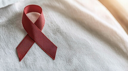 A red ribbon rests on a light fabric surface, symbolizing awareness and support for important causes like HIV/AIDS.