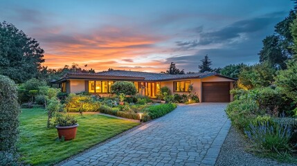 Family home glowing warmly at dusk, garden lush and driveway neat, under a fading golden sky.