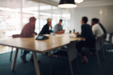 Group, people and office in business meeting for feedback with discussion, collaboration and blur....