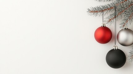 Red and black Christmas tree ornaments hanging from glowing silver branches, minimalistic festive background