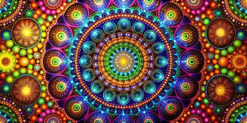 A kaleidoscopic explosion of color and light, a mesmerizing display of concentric circles, orbs, and shimmering details, creating a breathtaking visual symphony of geometric wonder.