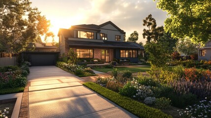 Fototapeta premium Golden hour glow on a charming family home with a vibrant garden and paved driveway.