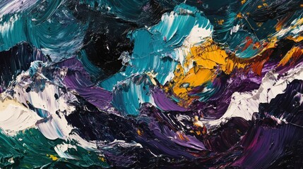 Abstract oil painting with thick brushstrokes in blue, purple, white, and yellow.