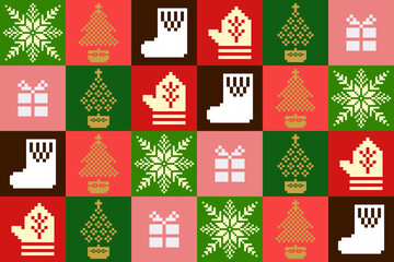Fototapeta premium Seamless pattern Merry Christmas winter style geometric background backdrop in red, pink, green, gold, black and white. Glove, sock, tree, gift vector element as greeting card new year, Christmas wrap