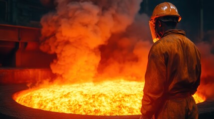 Naklejka premium Steelworker Standing Before Molten Metal in a Furnace