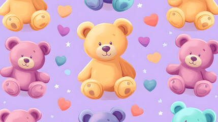 Teddy bear seamless pattern with cute hearts and playful designs, perfect for baby cards and Valentine's Day decorations