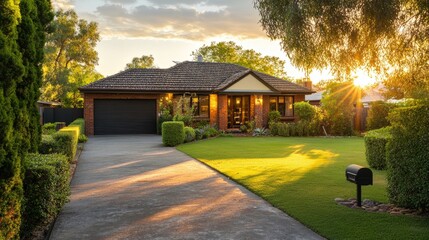 Obraz premium Traditional family home glowing in golden hour light, surrounded by a neat garden and driveway.