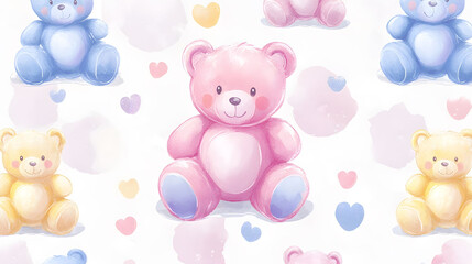 Teddy bear seamless pattern with cute hearts and playful designs, perfect for baby cards and Valentine's Day decorations