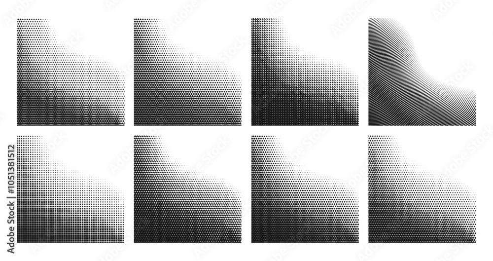 Leinwandbilder Halftone gradient pattern gradation backgrounds with half tone dots, abstract vector. Halftone pattern backgrounds with diagonal waves or wavy dots gradation from corners with grainy monochrome effect