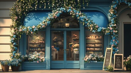 Fototapeta premium Romantic blue floral shopfront showcasing arched