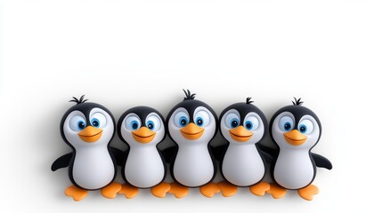 Fototapeta premium Cute Cartoon Penguins in a Row Winter Animal Friends White Background