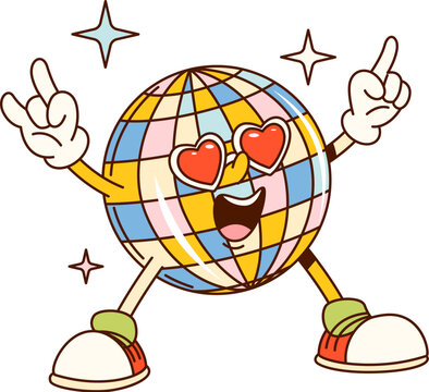 Groovy valentine disco ball character at retro dance party. Isolated vector mirror ball personage with sparkling, multi-colored facets and heart shaped sunglasses, radiating funky dance-floor energy