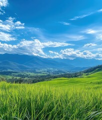 Obraz premium A panoramic view of lush green rice paddies in a valley, with mountains in the background and a bright blue sky with fluffy clouds.