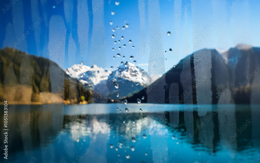 Poster A view of a snow capped mountain range reflected in a still blue lake, viewed through a window covered in water droplets.