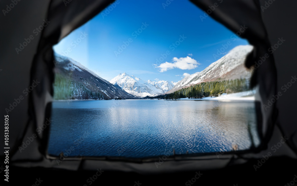 Poster a view of a calm lake and snow-capped mountains seen from inside a tent.