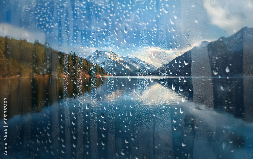 Poster a view of a snow-capped mountain range reflected in a still lake through a rain-streaked window.
