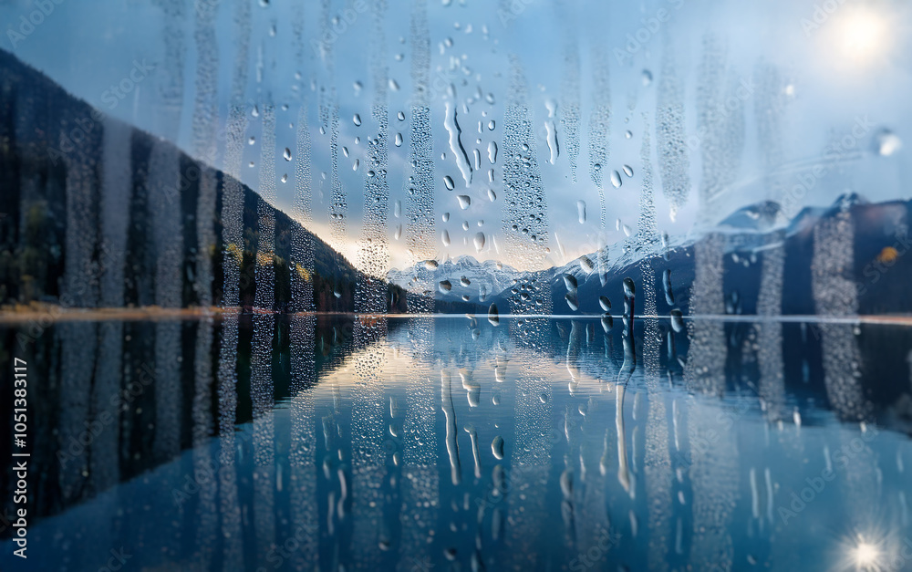 Poster A misty view of a lake with mountains in the distance, seen through a window with condensation.