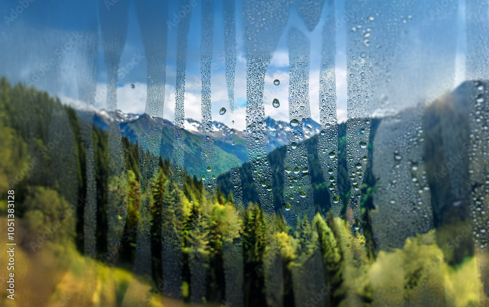Aufkleber A view of a mountain range covered in snow through a window with condensation.