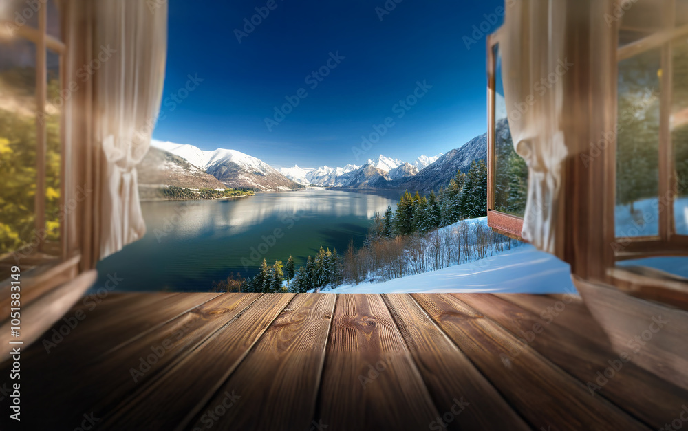 Poster a wooden floor extends out from a window with sheer curtains, revealing a stunning view of a snow-ca
