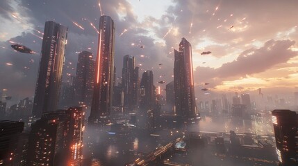 Obraz premium Futuristic Cityscape at Sunset