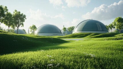 Obraz premium Modern biogas plant lush green field representing sustainable energy production eco-friendly technology