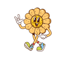 Cartoon groovy cookie, pastry and bakery character. Isolated vector happy sweet dessert personage in shape of flower wearing sneakers, flashing rock sign with cheerful expression, exuding quirky vibes