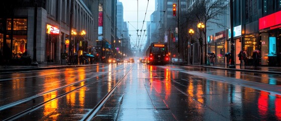 City streets in rain with colorful reflections from street lights