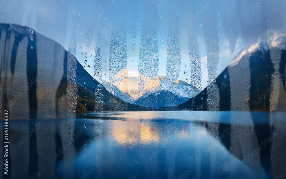 Poster A misty mountain range reflected in a still lake viewed through a rain-streaked window.