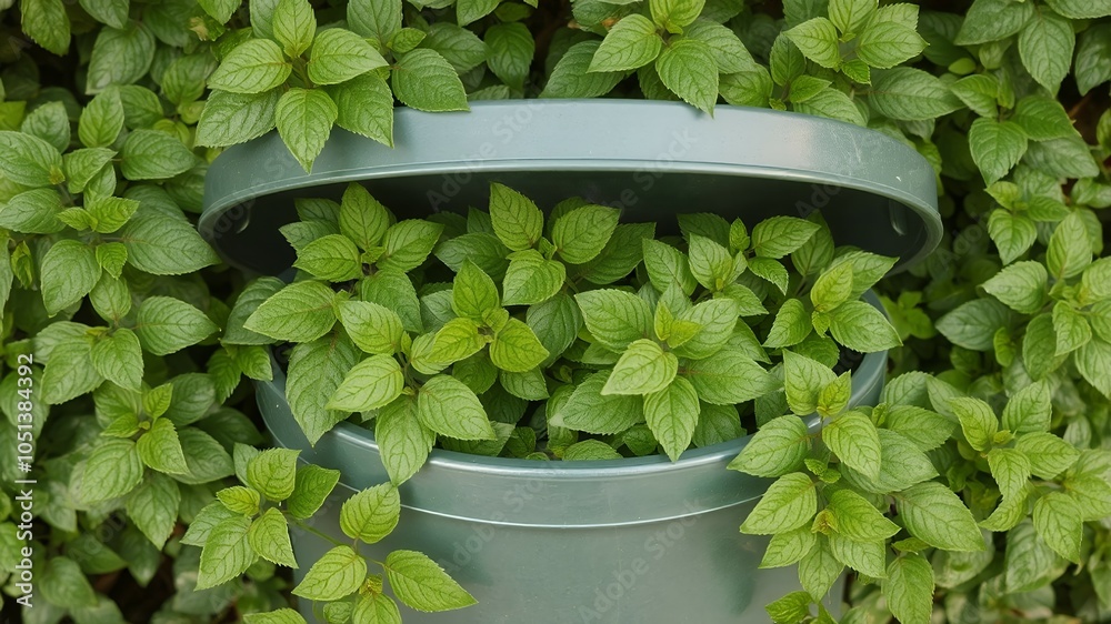 Canvas Prints A green plastic container is overflowing with lush green foliage.