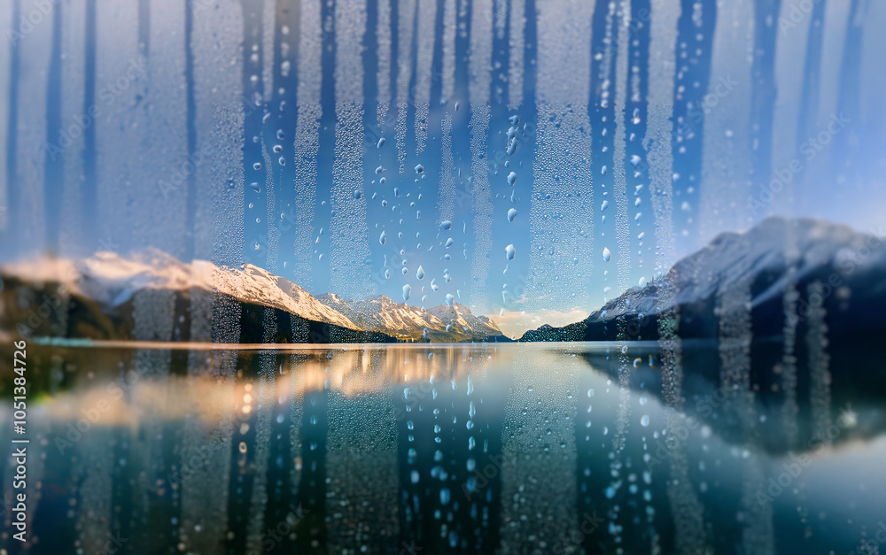 Poster A view of a snow-capped mountain range reflected in a still lake through a misty window pane.