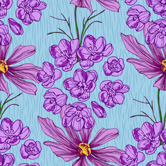 Seamless Pattern with cosmea flower and crocus. Color sketch style hand drawn background. Detailed illustration, hand drawn. Great for fabric and textile, prints, invitation, packaging