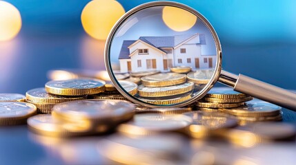Magnifying glass over coins with a house image, symbolizing real estate investment.