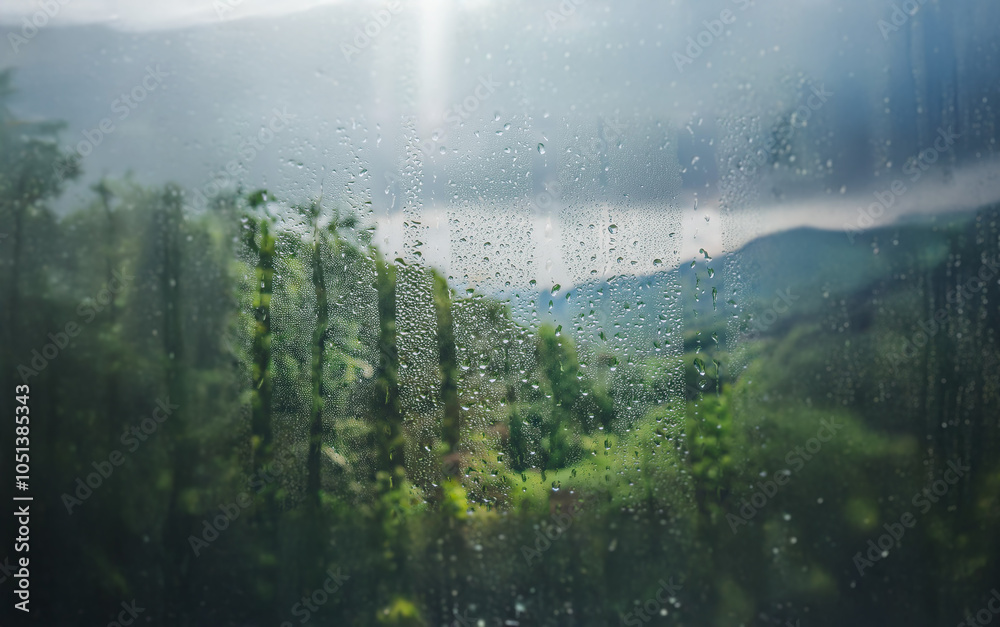 Poster Rain falls on a window with a view of a forest and mountains in the distance.