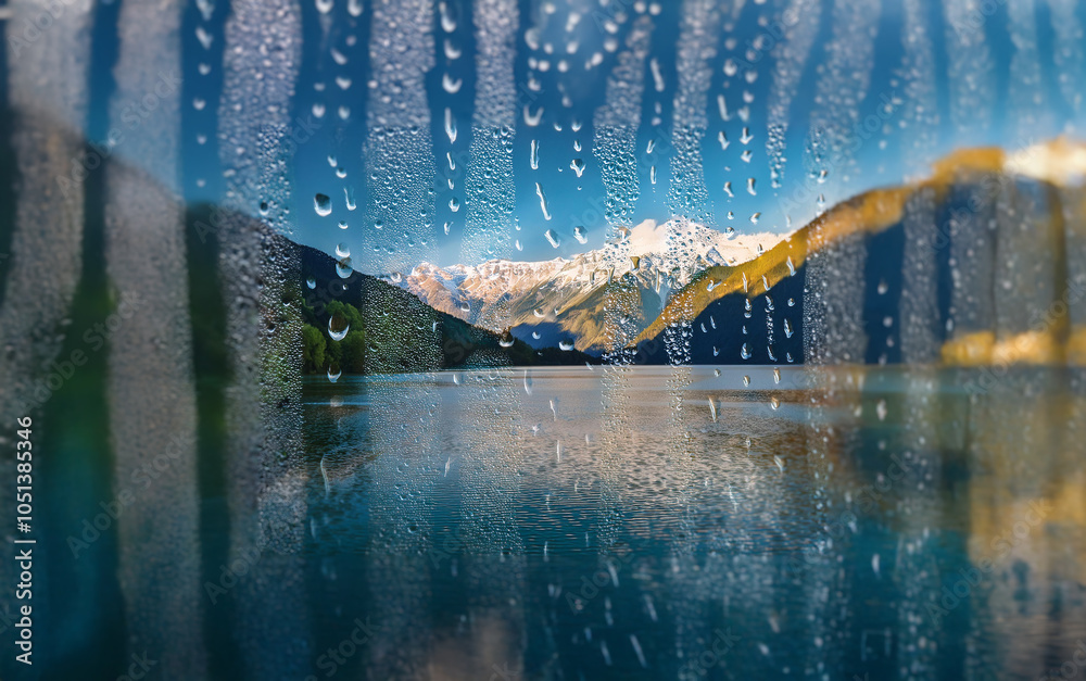 Poster a view of snow-capped mountains across a lake, obscured by raindrops on a window.