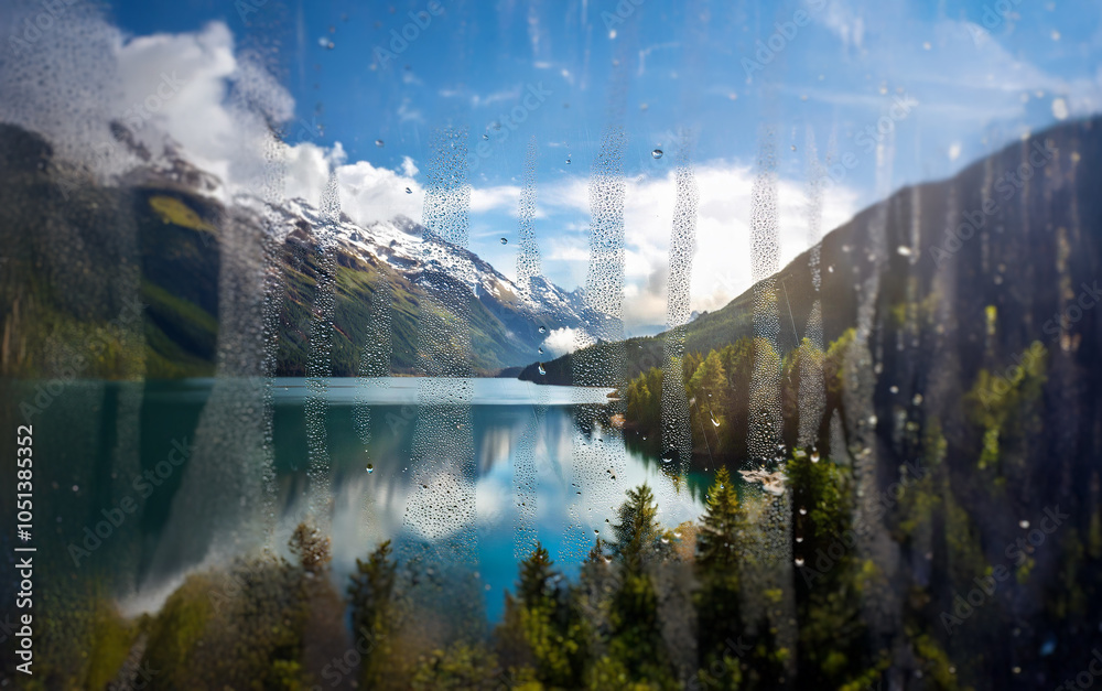 Poster A view of a lake and mountains through a window covered in raindrops.
