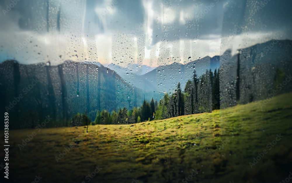 Poster a view of a mountain range through a rain-streaked window. the sun peeks through the clouds, casting