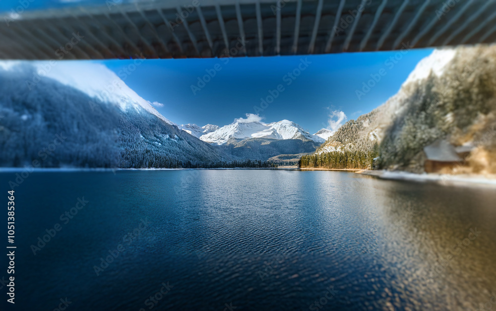 Poster A scenic view of a mountain lake with snow-covered peaks and trees, seen through the underbelly of a bridge.
