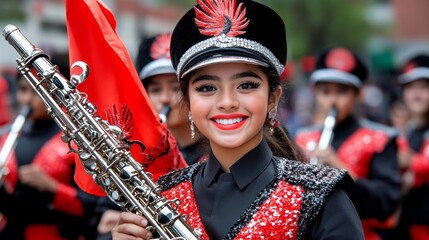 Young Woman in Marching Band Uniform Playing Saxophone