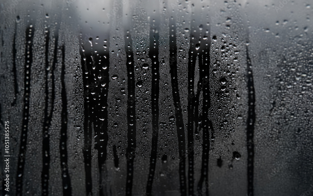 Poster Water droplets and streaks run down a blurry window pane.