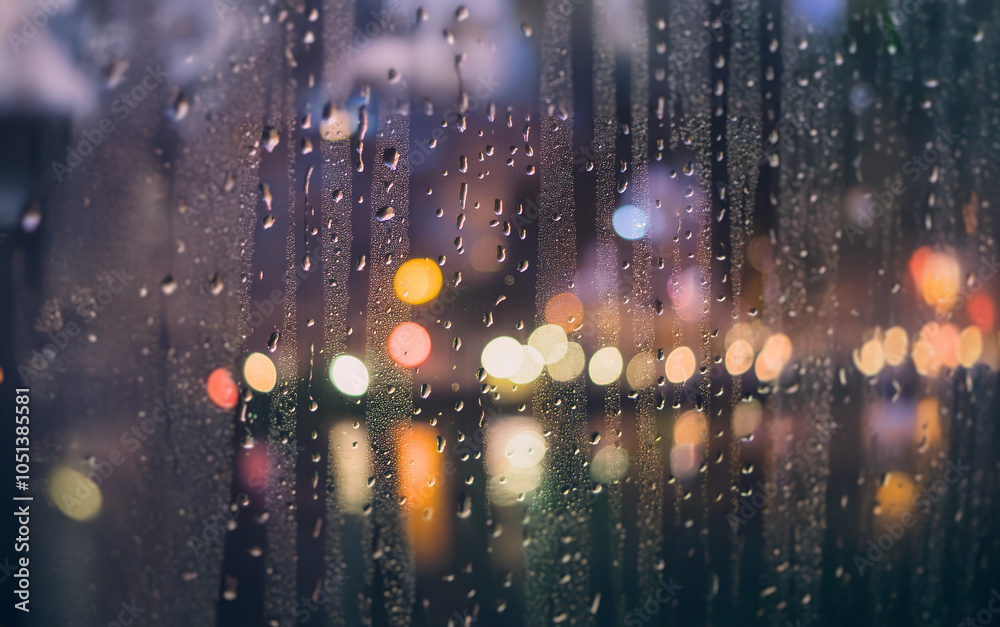 Poster rain drops on a window pane with blurred city lights in the background.