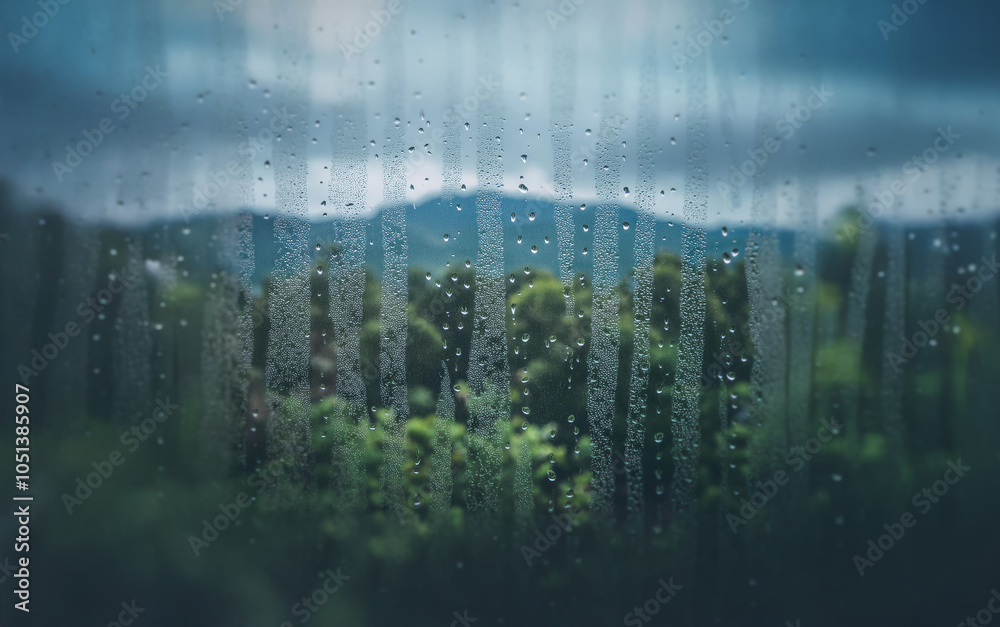 Poster a view of a misty forest and mountains through a rain-streaked window.